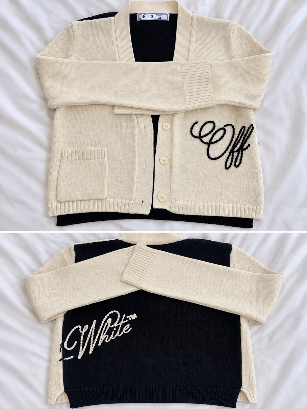 Off-White Cream and Black Logo Knit Cardigan